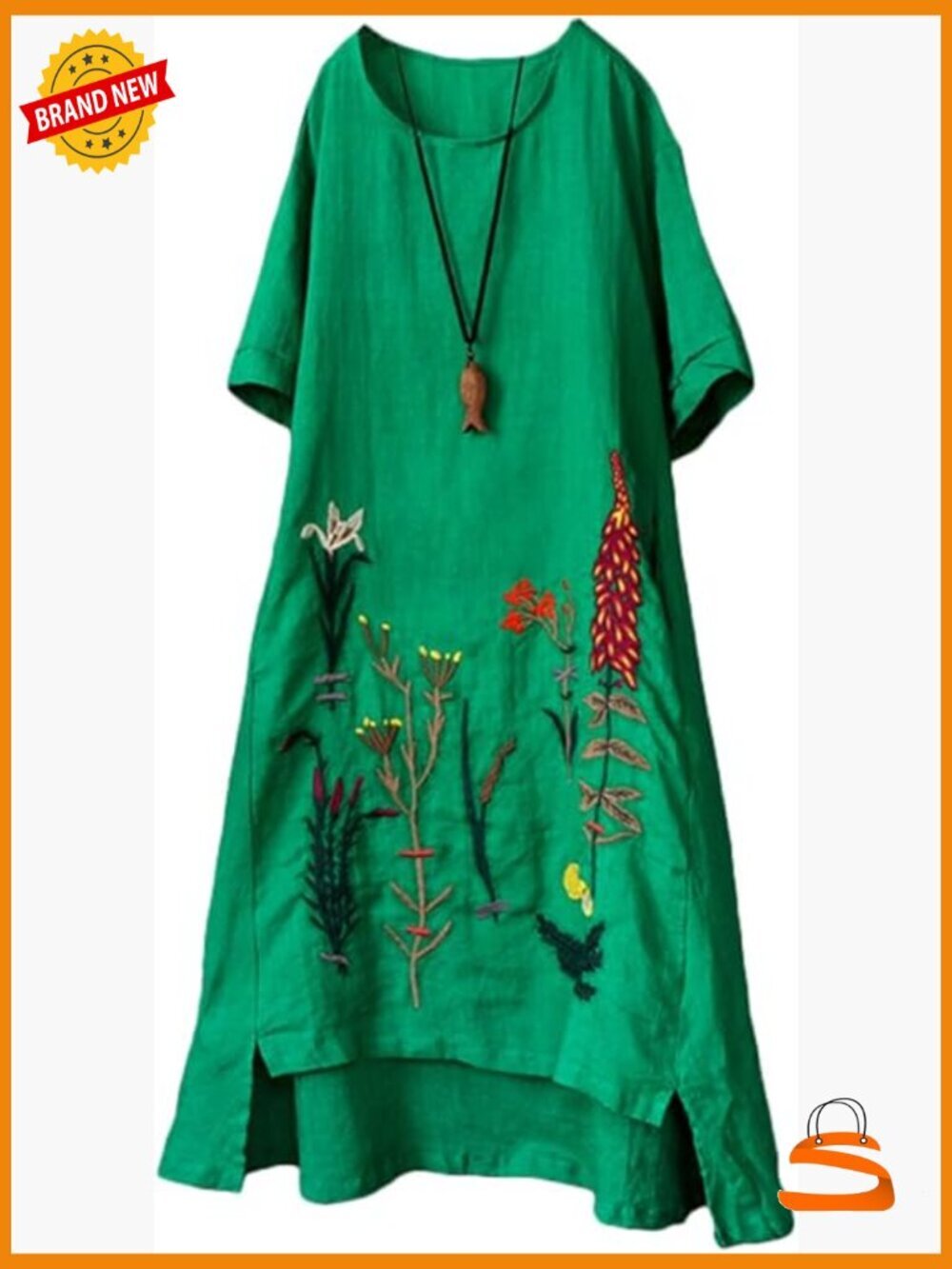 Embroidered Linen A-Line Sundress Hi Low Tunic with Pockets